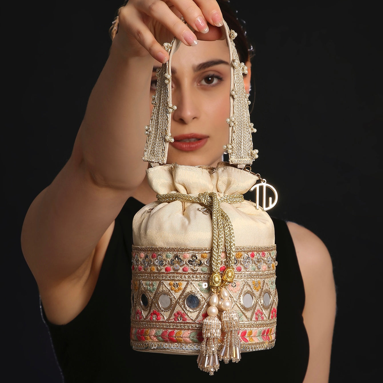 Beige Multi Colour Bucket Potli