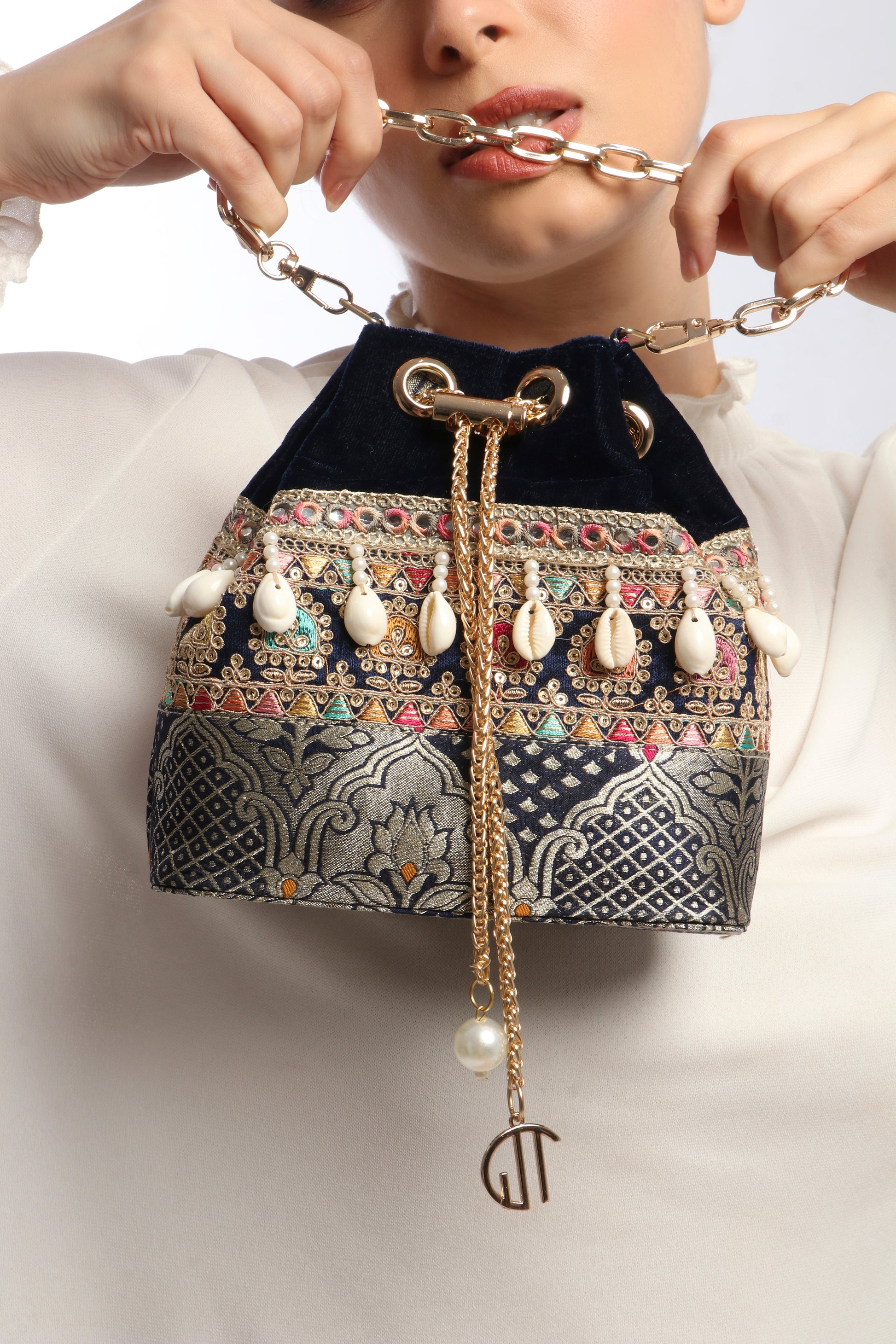 Rani Blue Velvet Bucket Bag