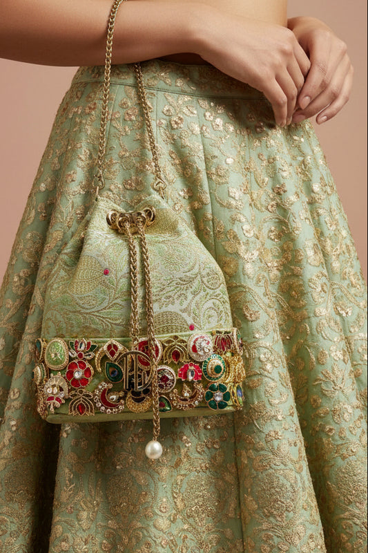 Banarasi Kundan Green Bucket Bag