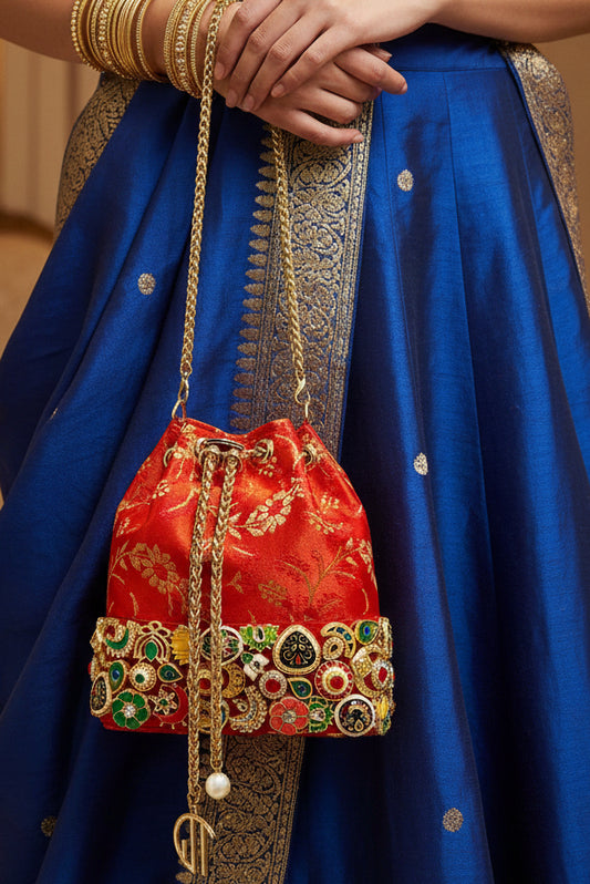 Banarasi Kundan Red Bucket Bag