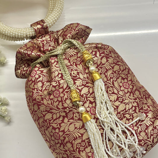 Red and Golden Silk Banarsi Potli