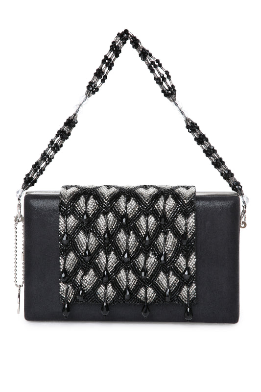 Chloee Black Box Clutch With Silver Beading Work