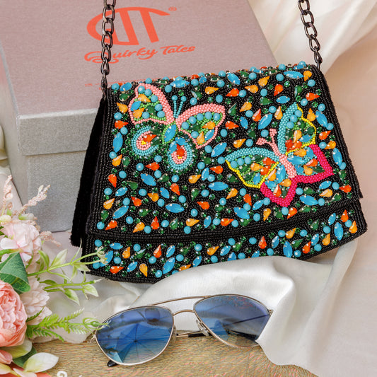 Elara Black Handbag With Beaded Butterfly Motif