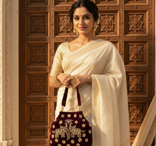 Elephant Pichwai Maroon Velvet Handbag