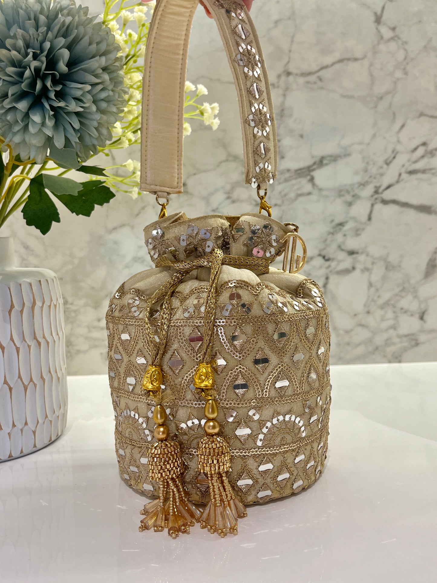 Beige Mirror work Bucket Potli
