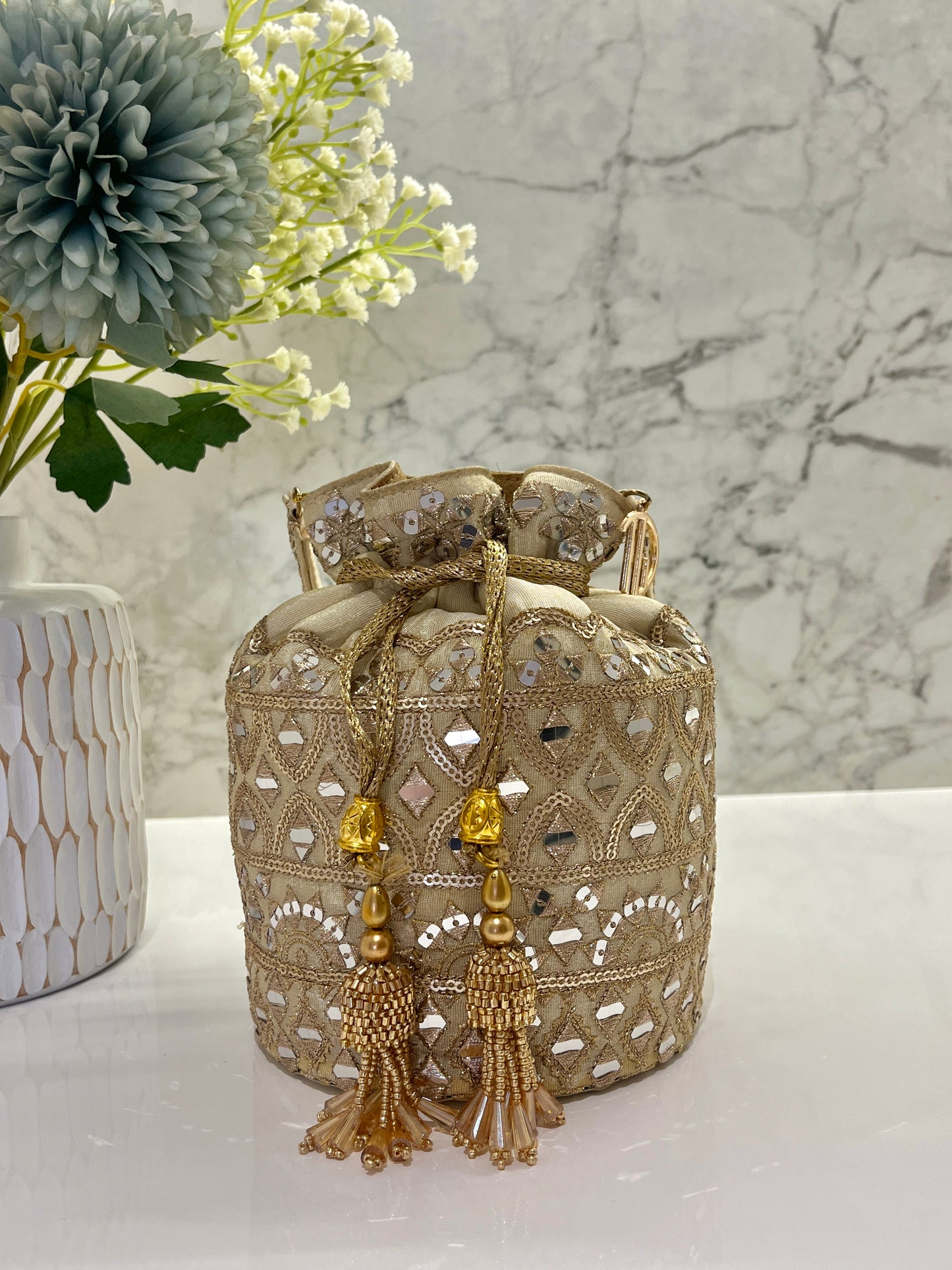 Beige Mirror work Bucket Potli
