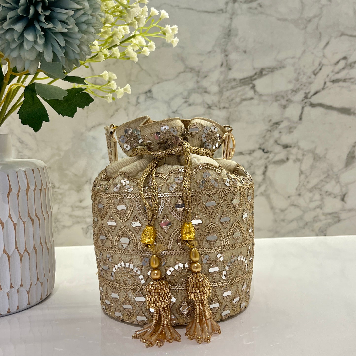 Beige Mirror work Bucket Potli