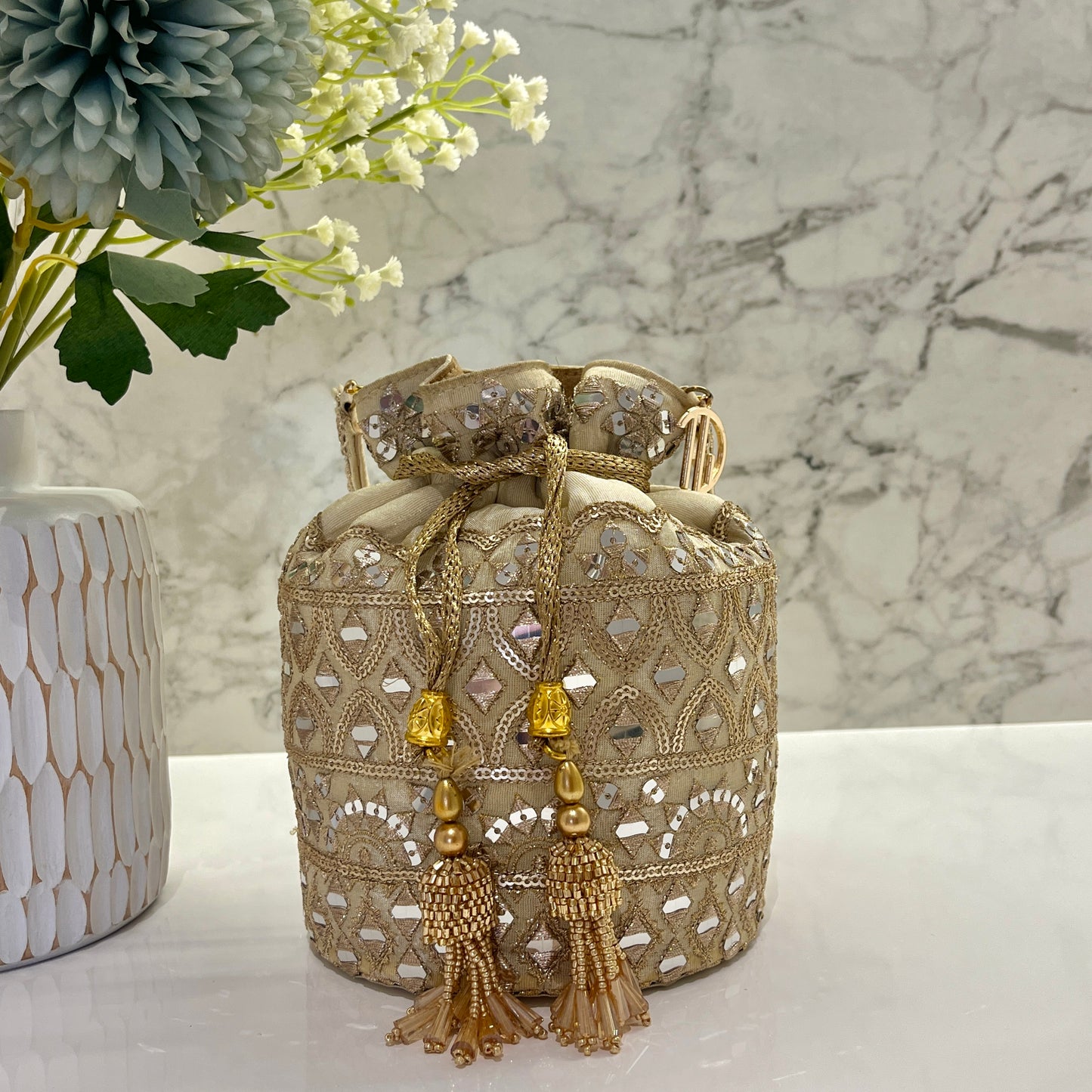 Beige Mirror work Bucket Potli