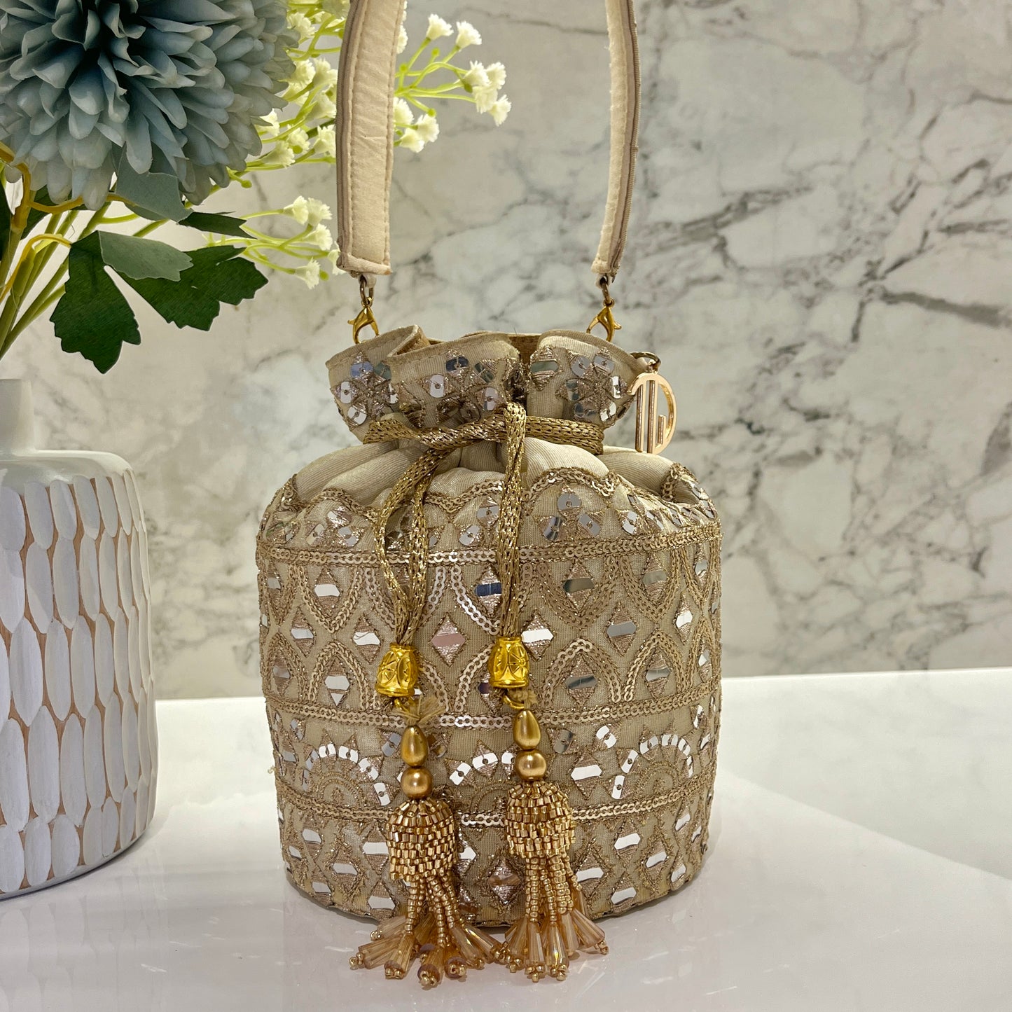 Beige Mirror work Bucket Potli