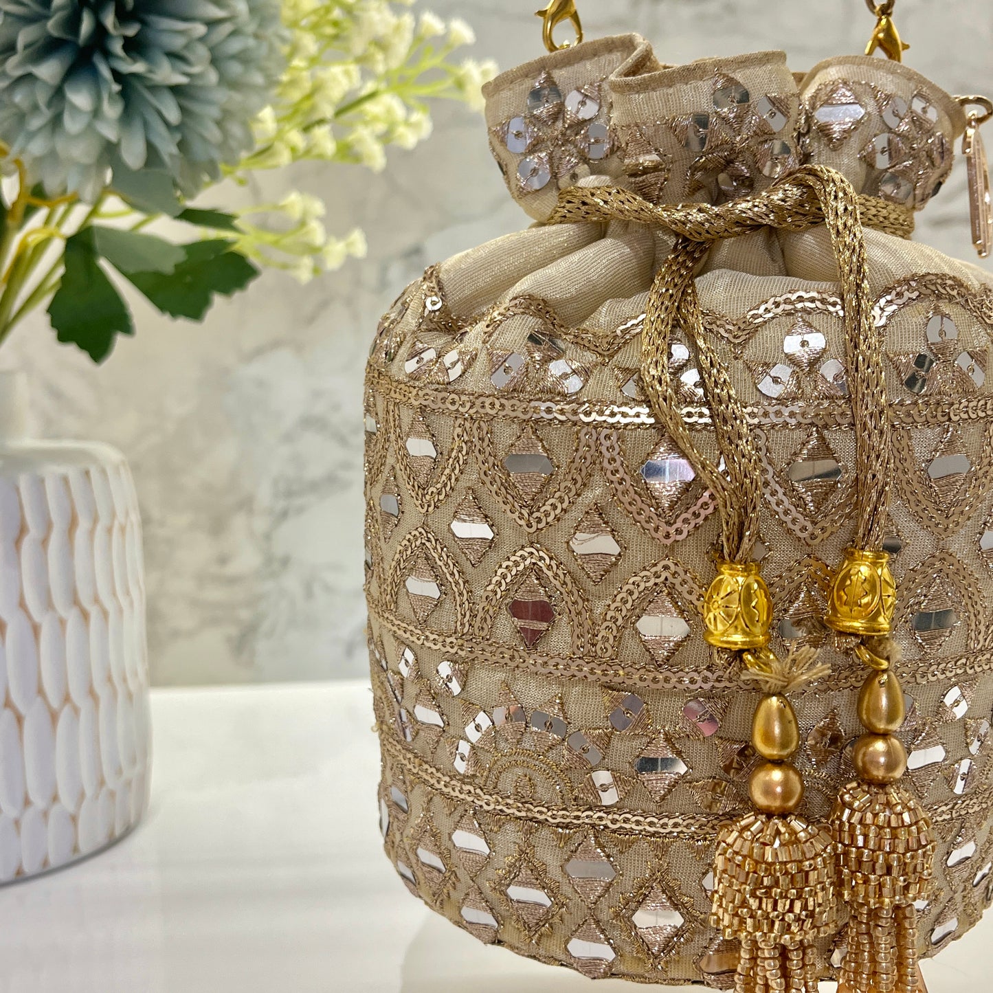 Beige Mirror work Bucket Potli