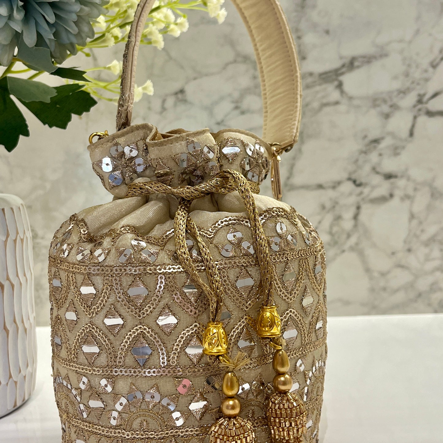 Beige Mirror work Bucket Potli