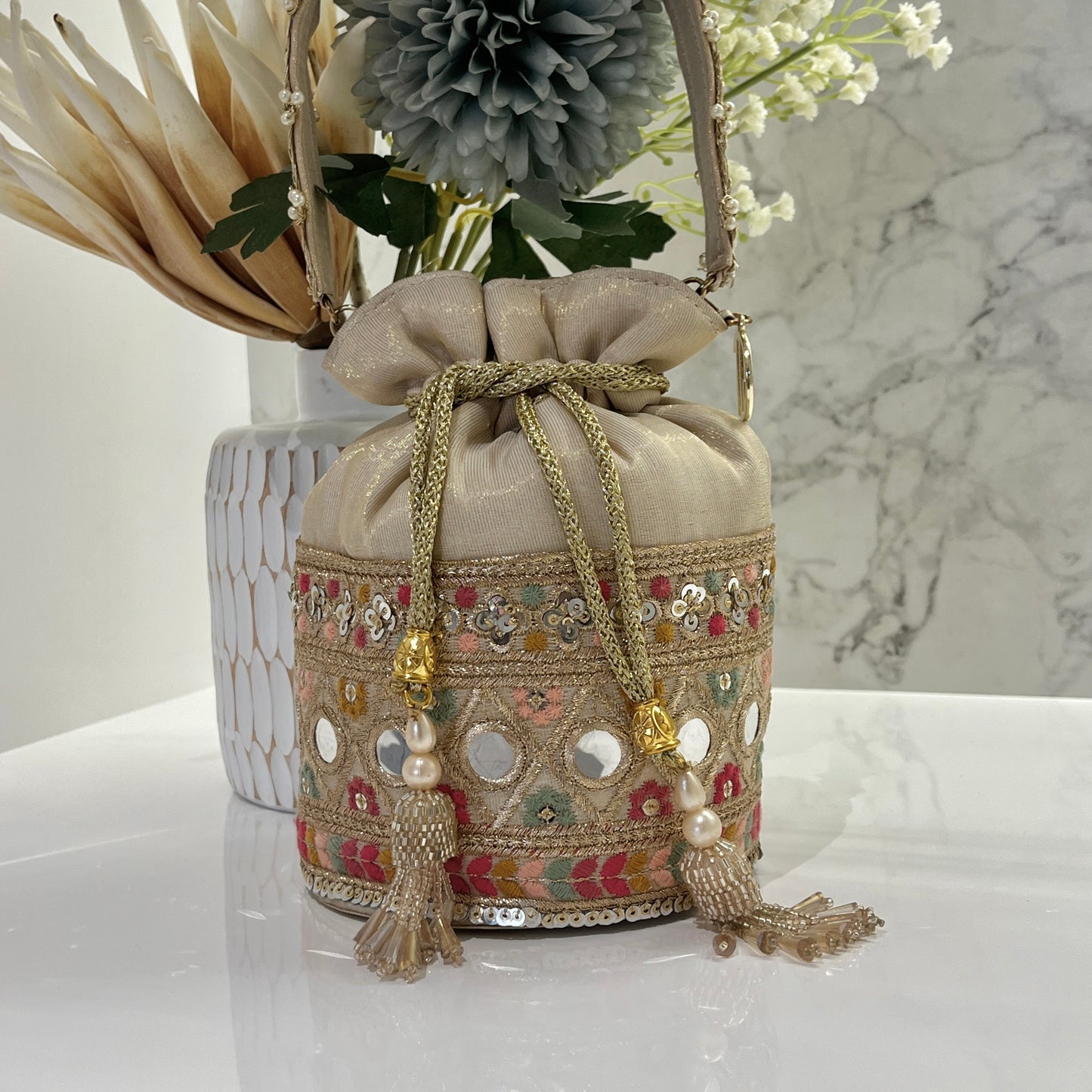 Beige Multi Colour Bucket Potli