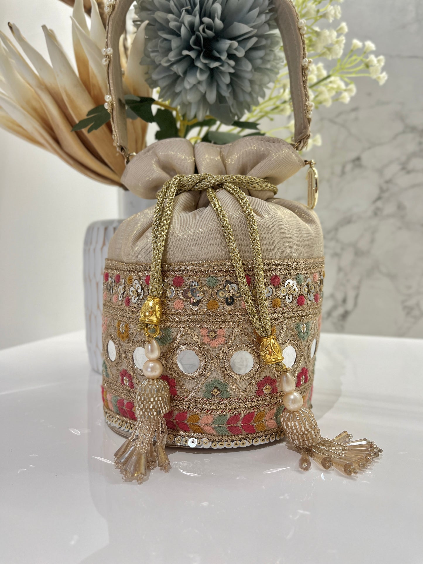 Beige Multi Colour Bucket Potli