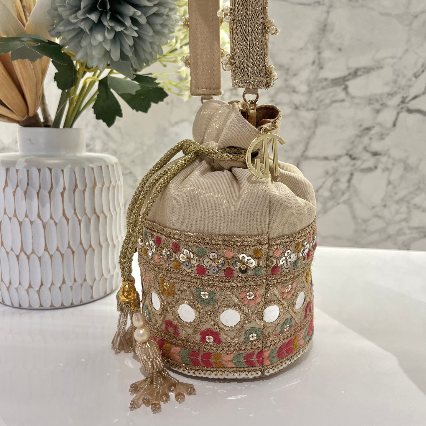 Beige Multi Colour Bucket Potli