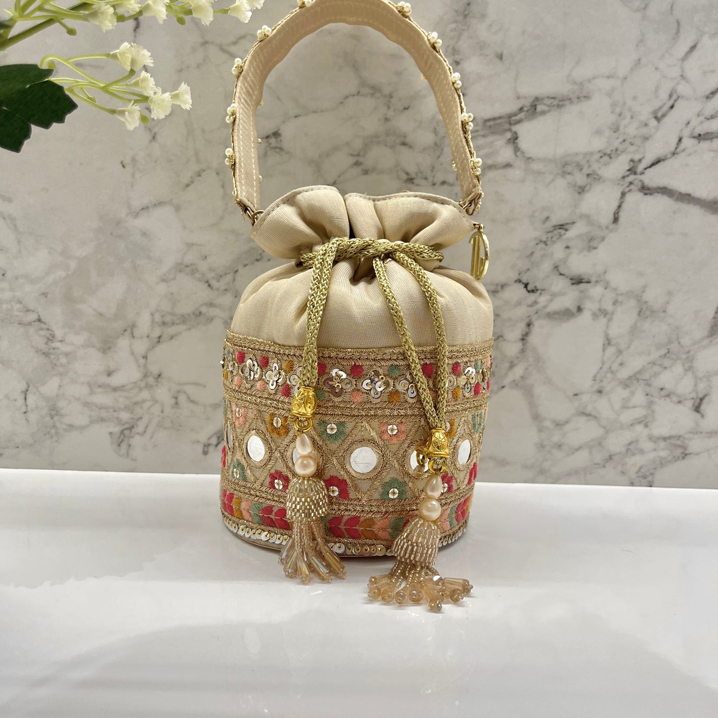 Beige Multi Colour Bucket Potli