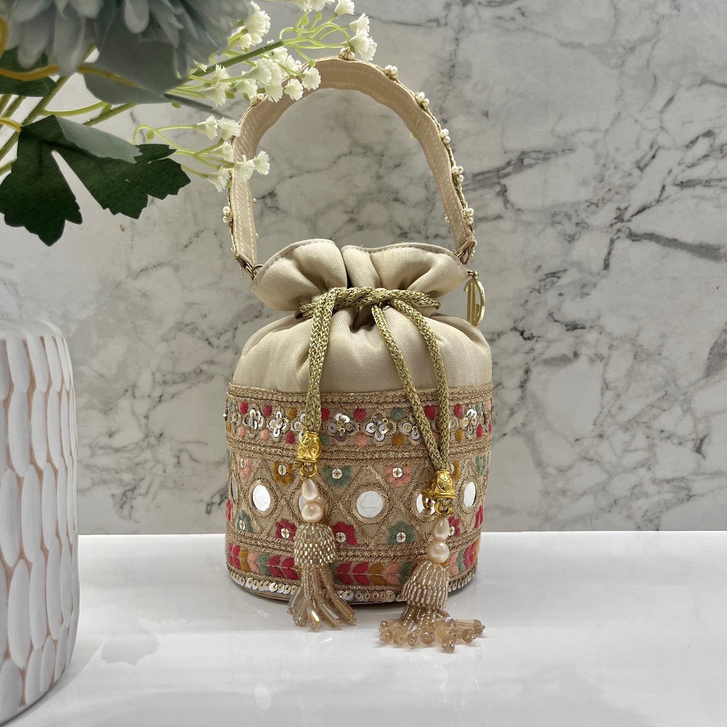 Beige Multi Colour Bucket Potli