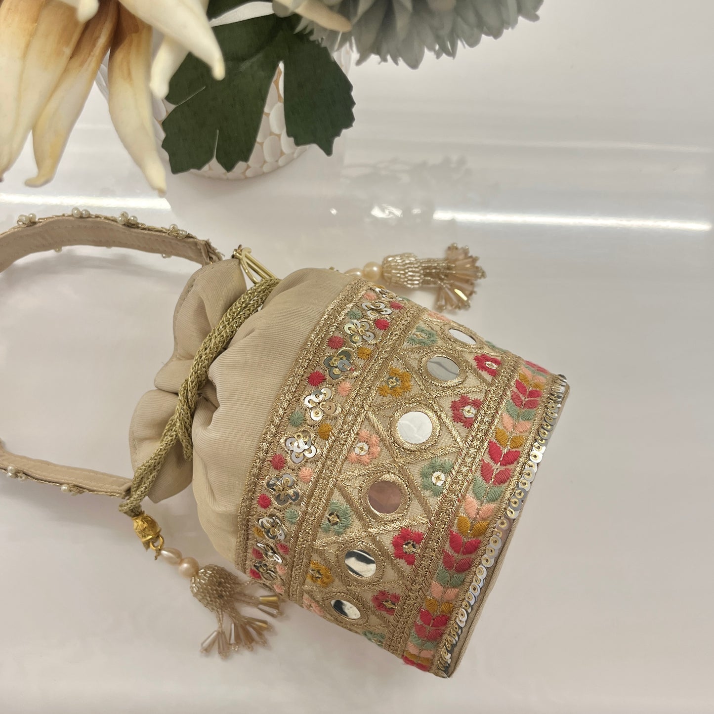 Beige Multi Colour Bucket Potli