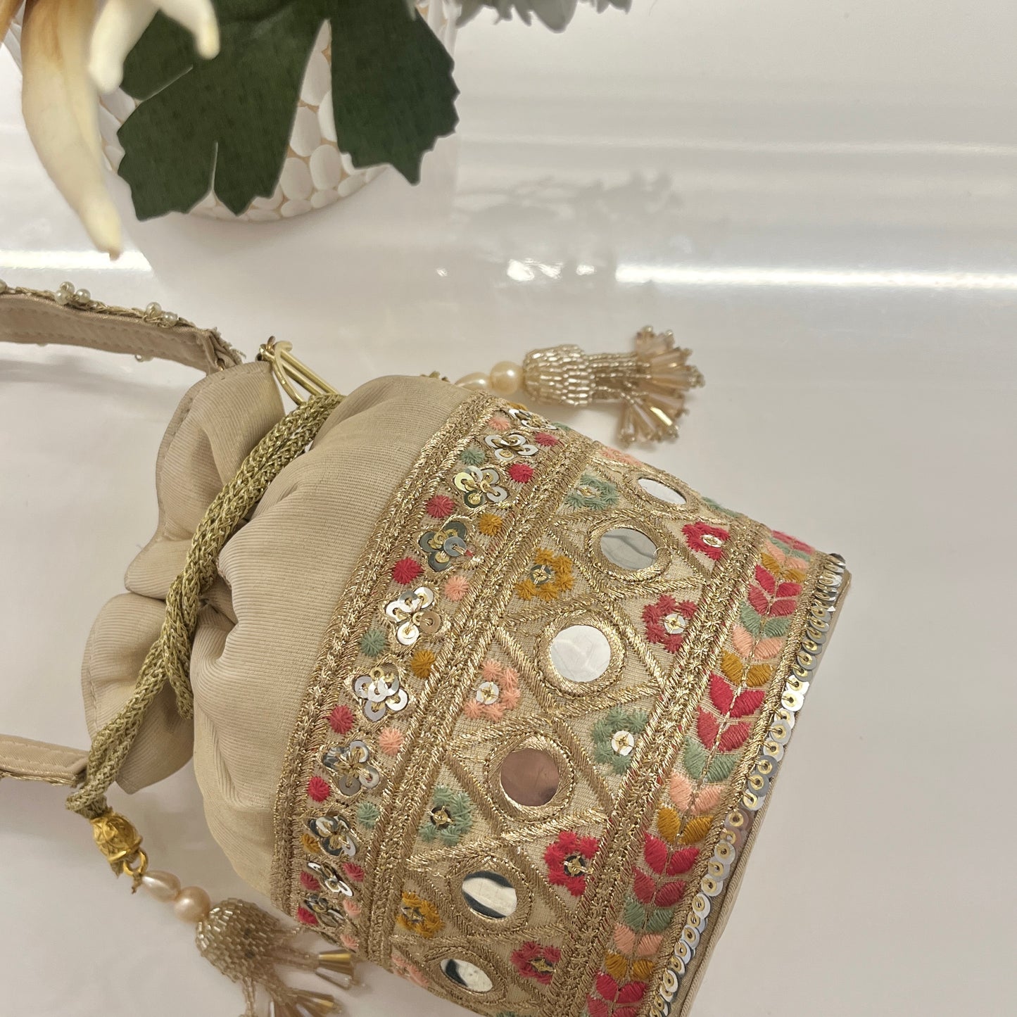 Beige Multi Colour Bucket Potli