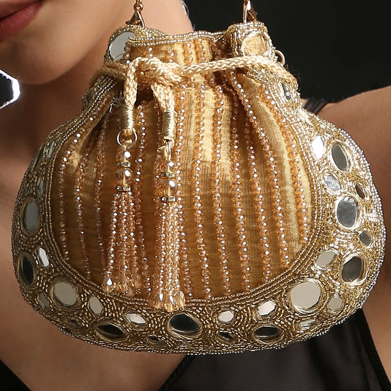 BANITHANI mirror work potli bag for women — bridal potli bag with golden beads handle