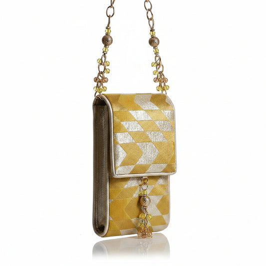 Golden & white Ikhat patterned mobile sling bag