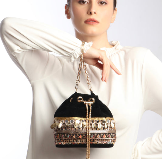 Rani Black Velvet Bucket Bag With Natural Cowrie Shells And Golden Strings