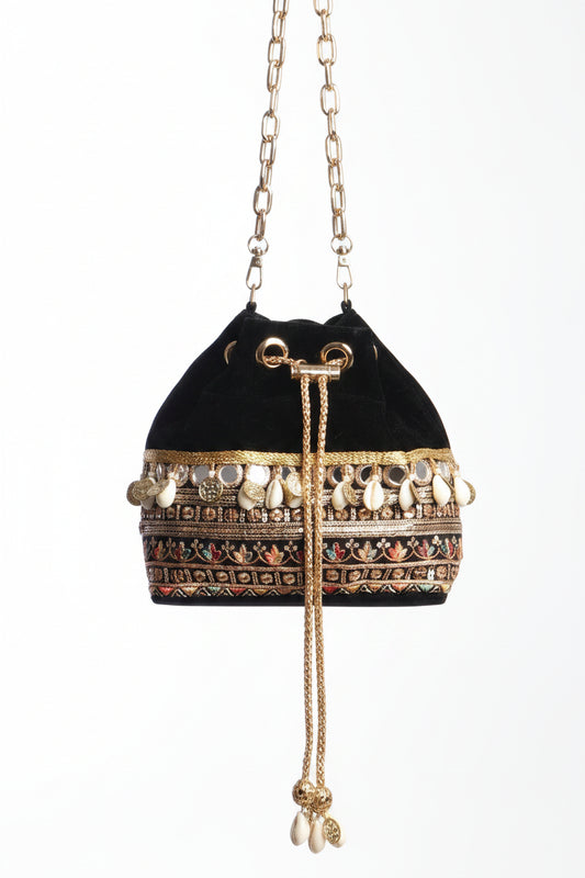 Rani Black Velvet Bucket Bag With Natural Cowrie Shells And Golden Strings