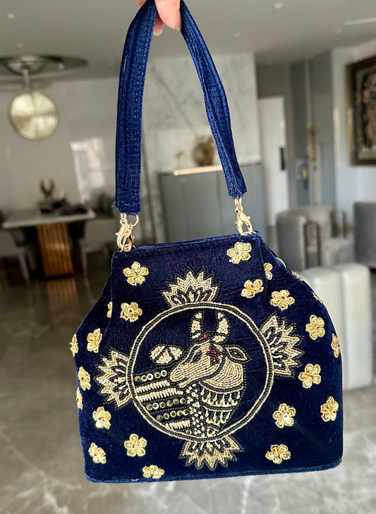 Cow Pichwai Blue Velvet Handbag