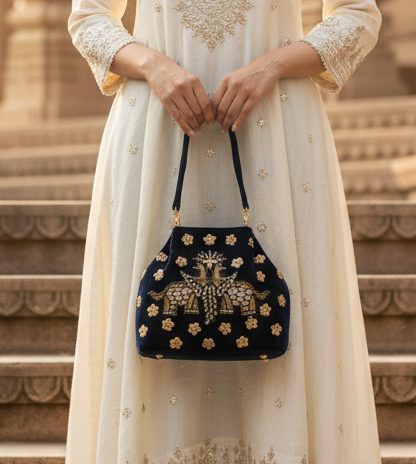 Navy blue embroidered handbag with royal seva elephant pichwai in golden zardozi work