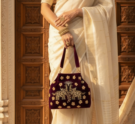Elephant Pichwai Maroon Velvet Handbag