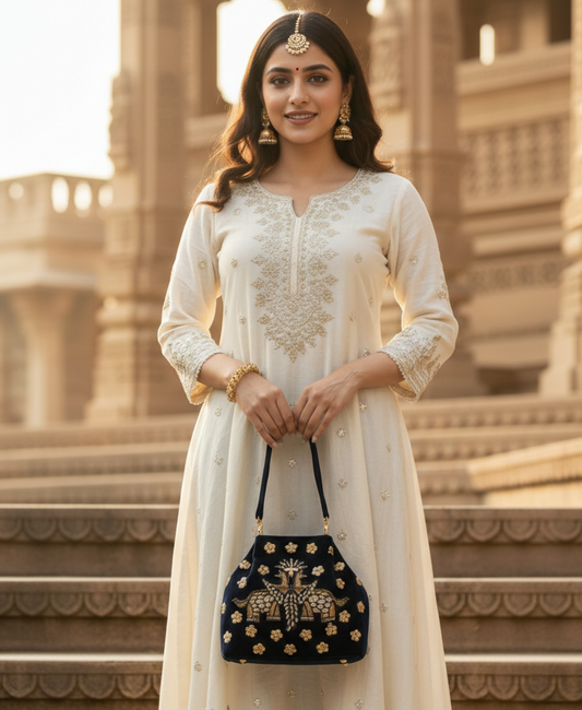 Elephant Pichwai Blue Velvet Handbag