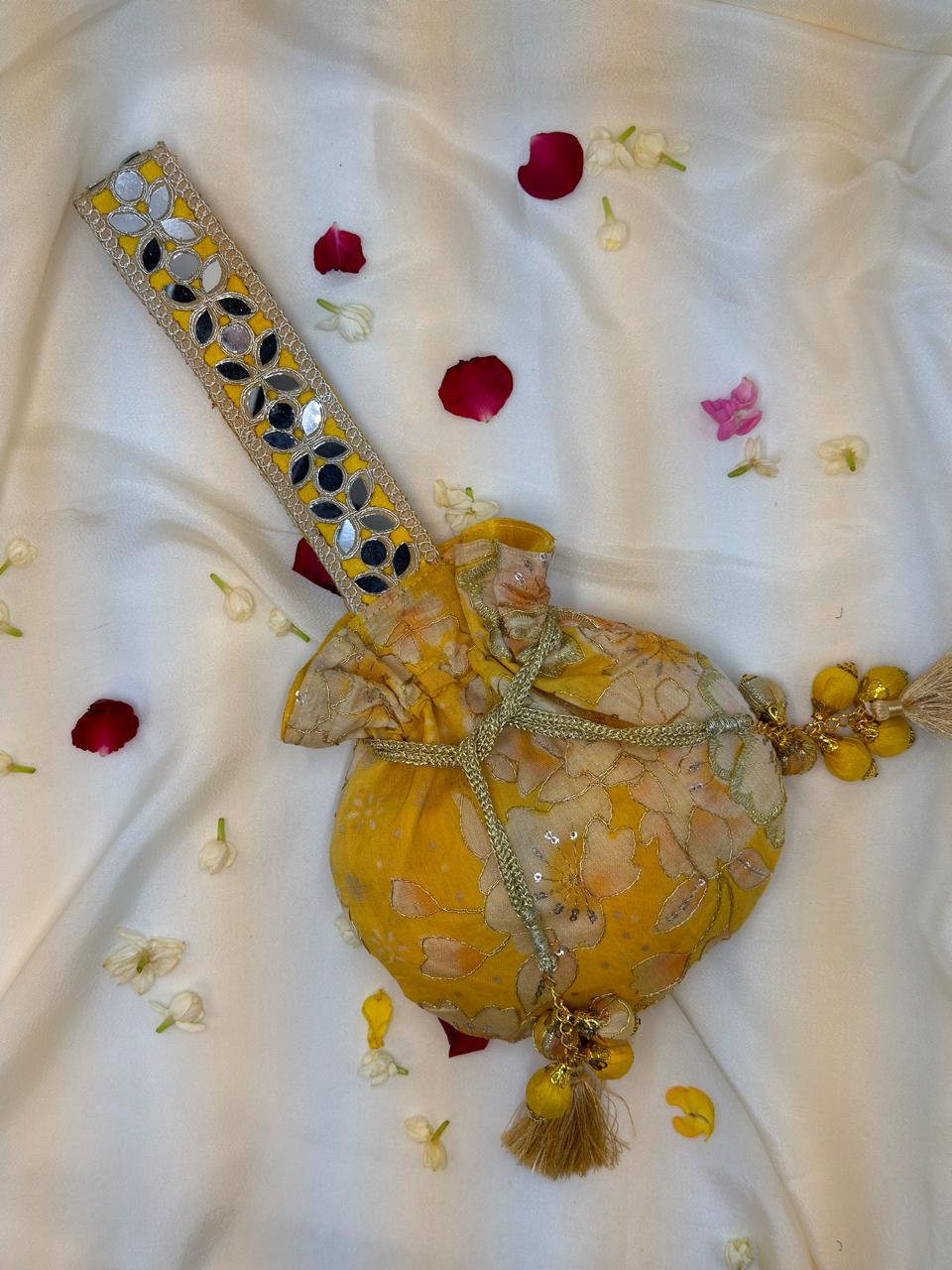 Yellow Floral Mirror Work Strap Potli