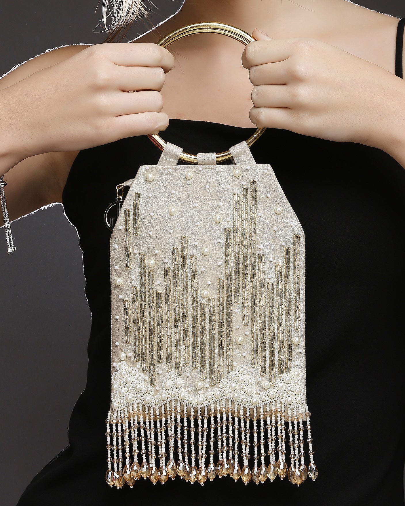 Pearl Embroidered Gold Bangle Handle Handbag