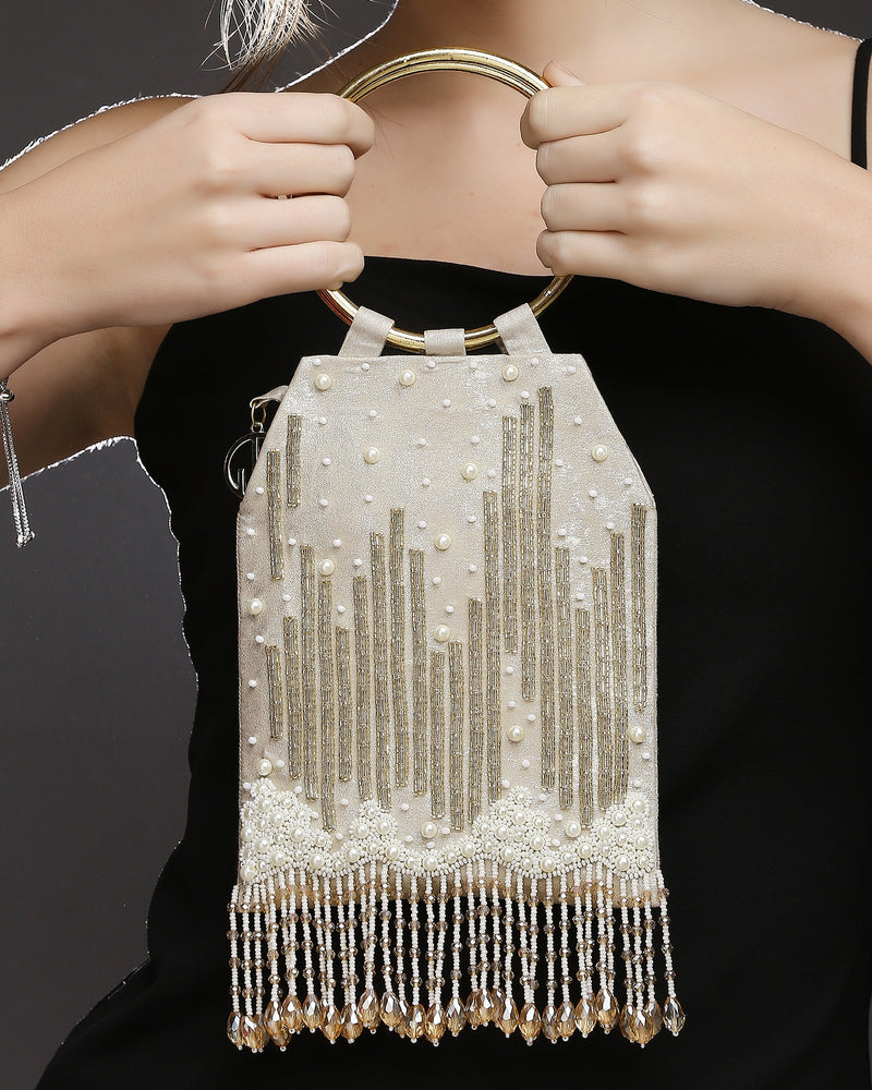 Pearl Embroidered Gold Bangle Handle Handbag