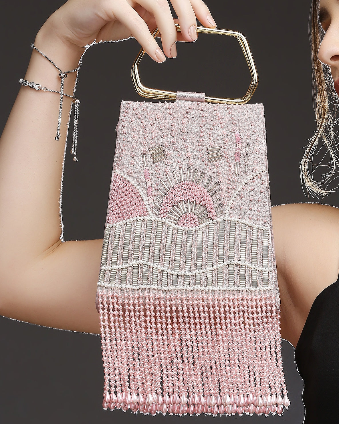 Pearl Embroidered Pink Trapeze Handle Handbag