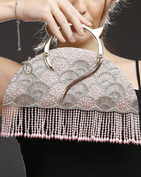 Pearl Embroidered Pink Halfmoon Clutch