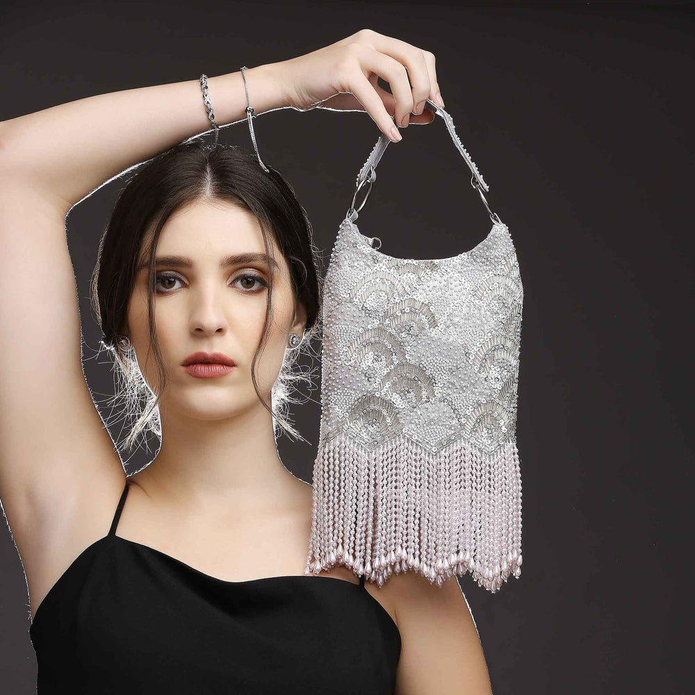 Pearl Embroidered Silver Hobo Handbag
