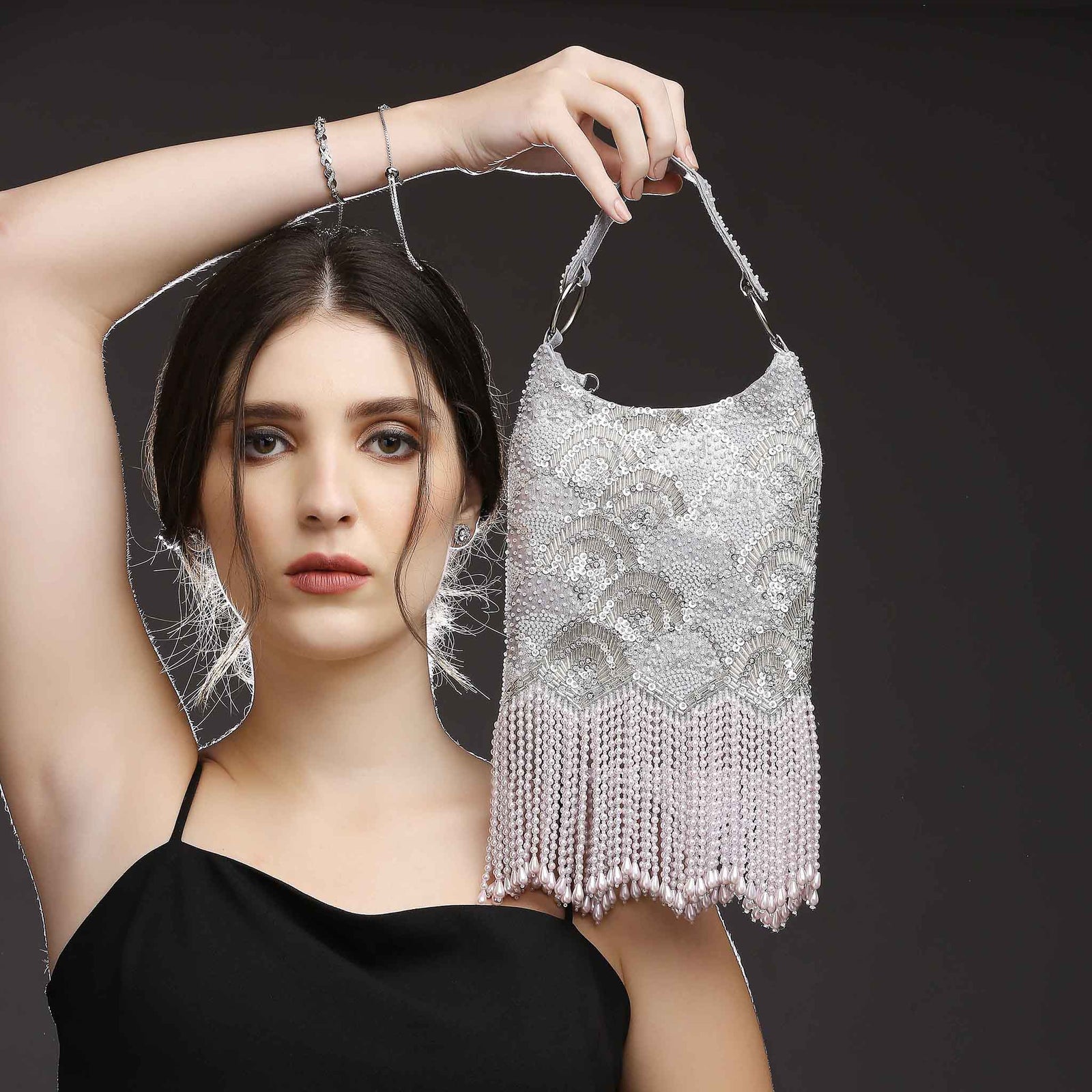 Pearl Embroidered Silver Hobo Handbag