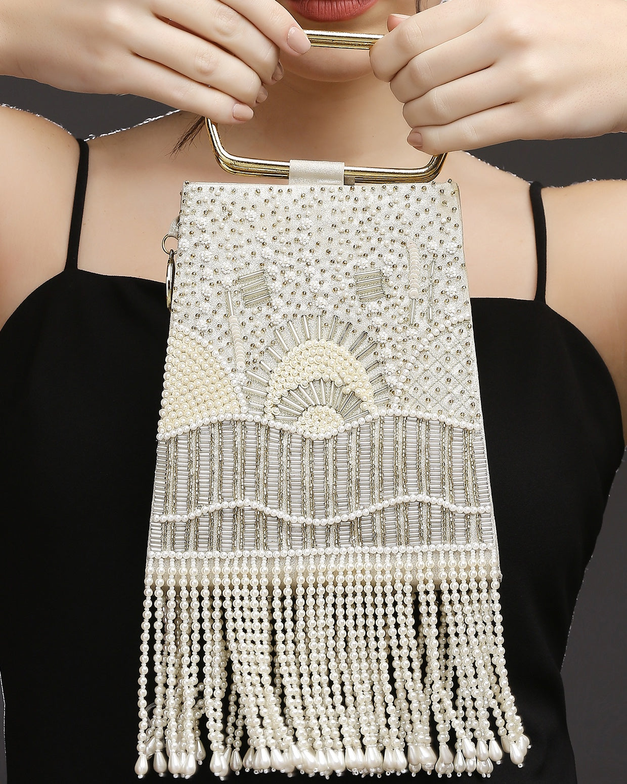 Pearl Embroidered Gold Trapeze Handle Handbag