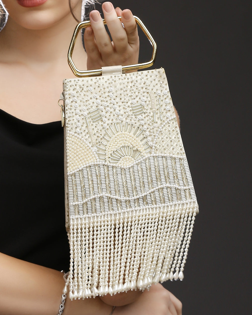 Pearl Embroidered Gold Trapeze Handle Handbag