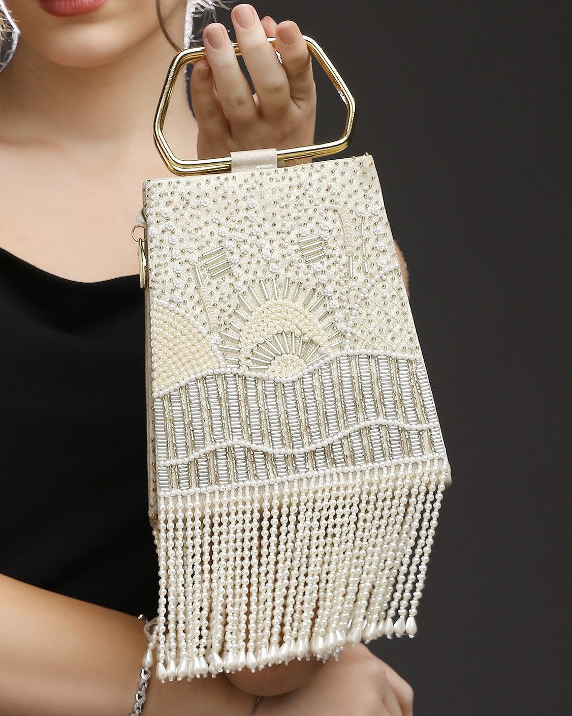 Pearl Embroidered Gold Trapeze Handle Handbag