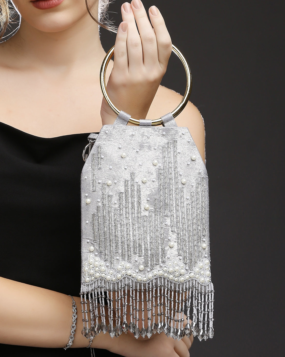Pearl Embroidered Silver Bangle Handle Handbag