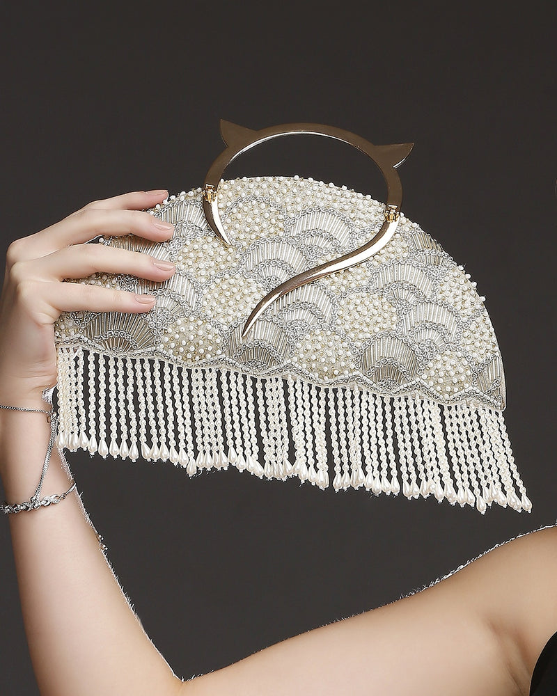 Pearl Embroidered Gold Halfmoon Clutch
