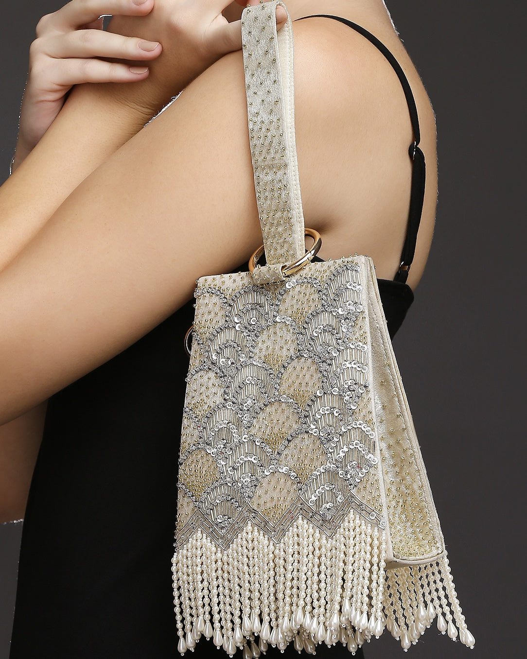 Pearl Embroidered Gold Wristlet Handbag
