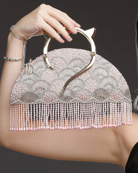 Pearl Embroidered Pink Halfmoon Clutch