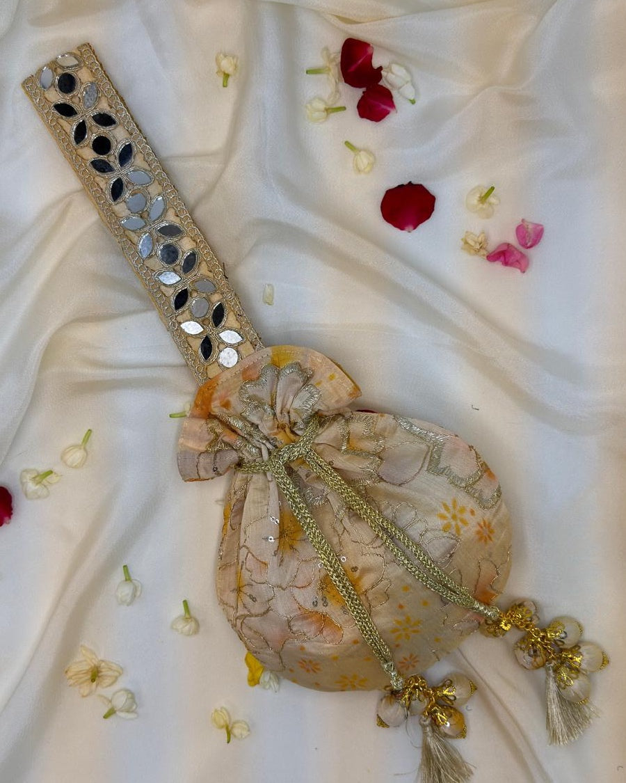 Beige Floral Mirror Work Strap Potli