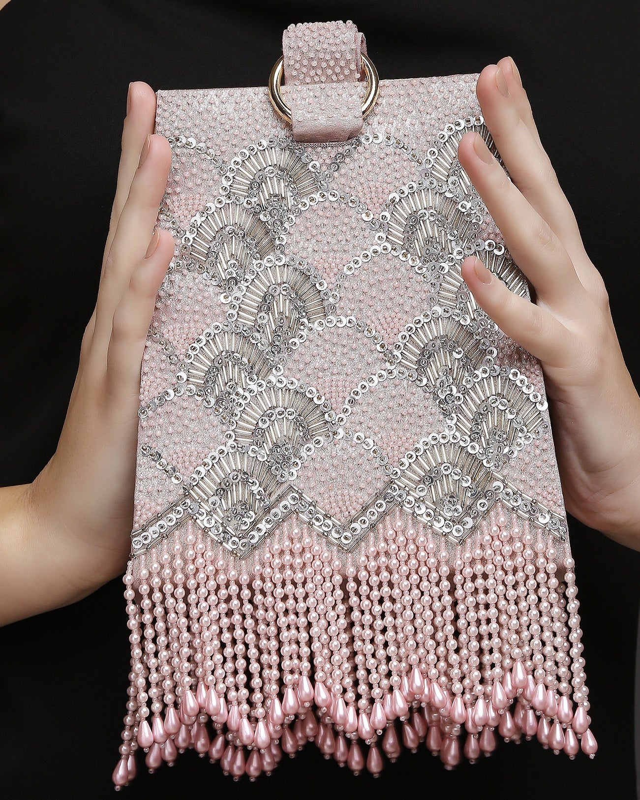 Pearl Embroidered Pink Wristlet Handbag