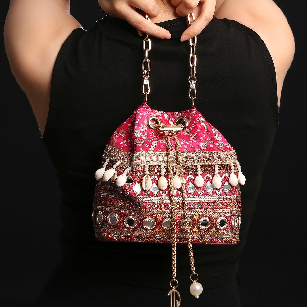 Rani Pink Bandhani Bucket Bag
