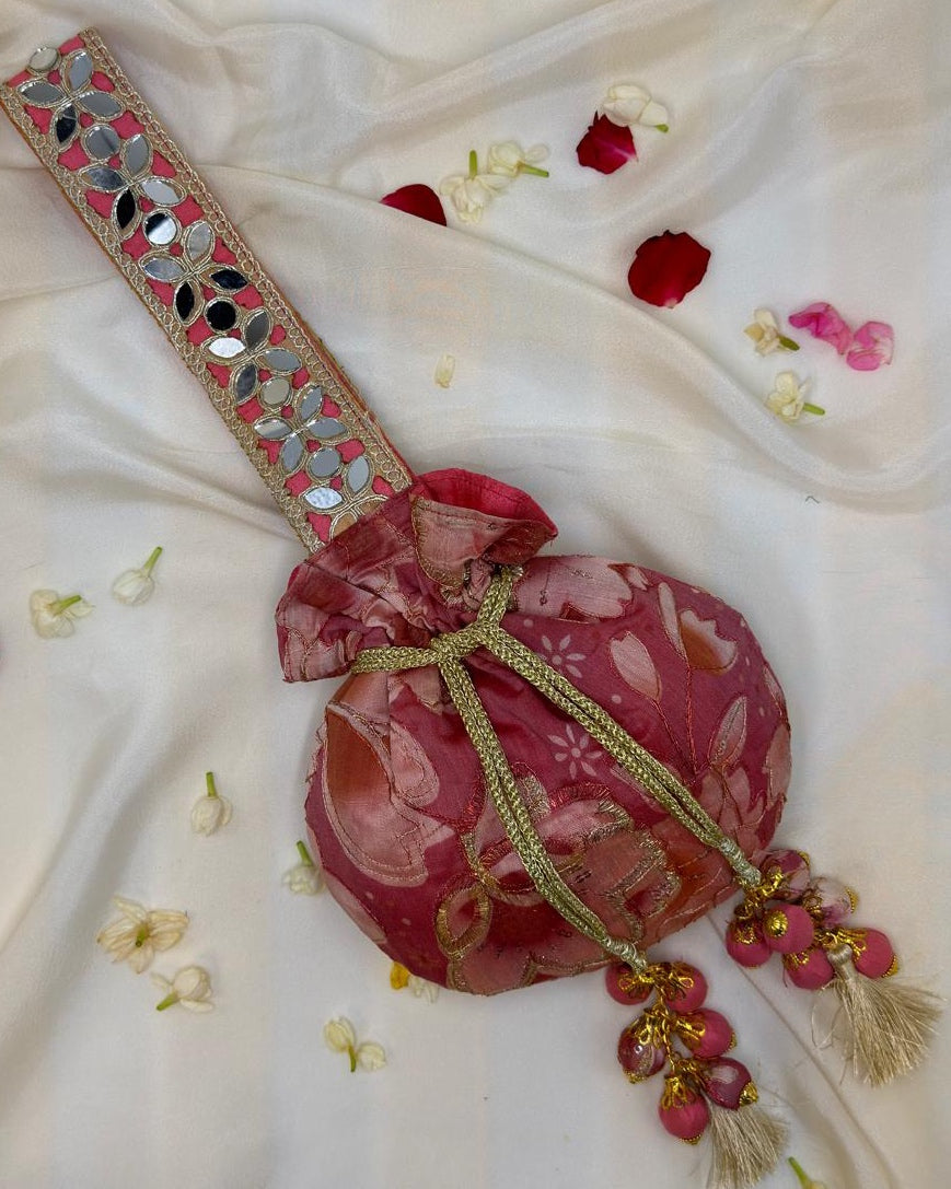 Pink Floral Mirror Work Strap Potli