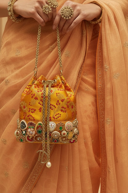 Banarasi Kundan Yellow Bucket Bag