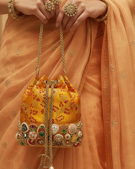 Banarasi Kundan Yellow Bucket Bag